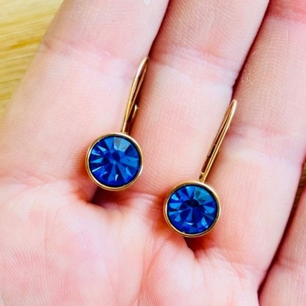 Swarovski Bella Drop Earrings Signed Deep Blue Crystal Authentic Leverback
